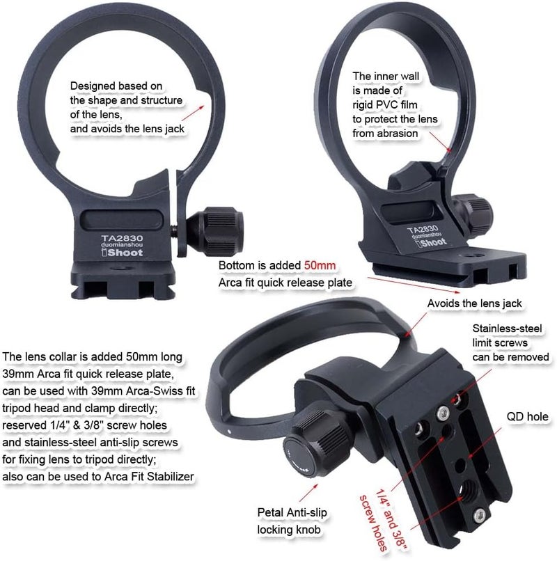 iShoot Lens Collar Tripod Mount Ring Compatible with Tamron 28-300mm F4-7.1 Di III VC VXD A074 E-Mount, Support Holder Bracket Quick Release Plate Compatible with Arca-Swiss Fit Clamp and Stabilizer - Image 3